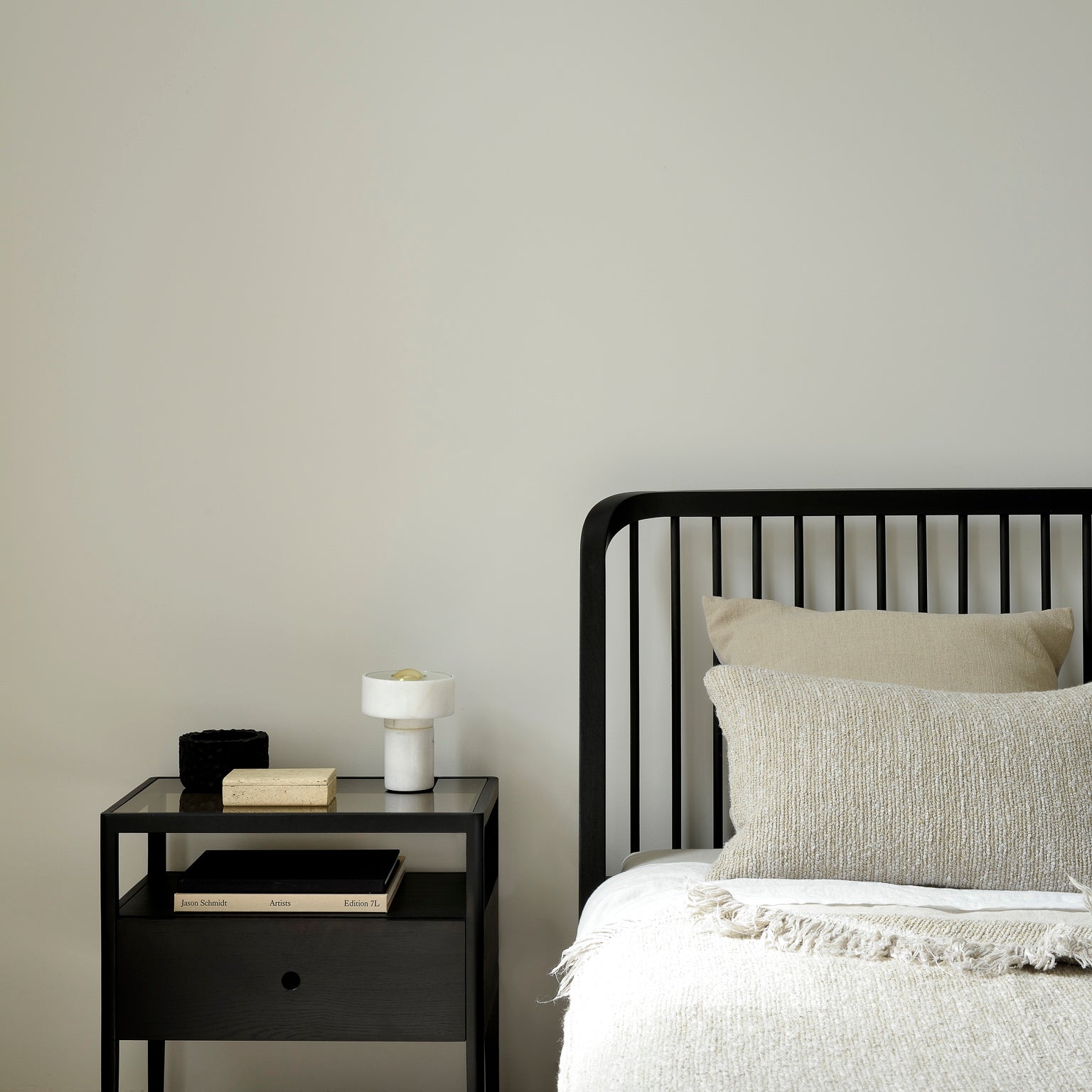 Spindle Black Oak & Glass Bedside Table / Nightstand