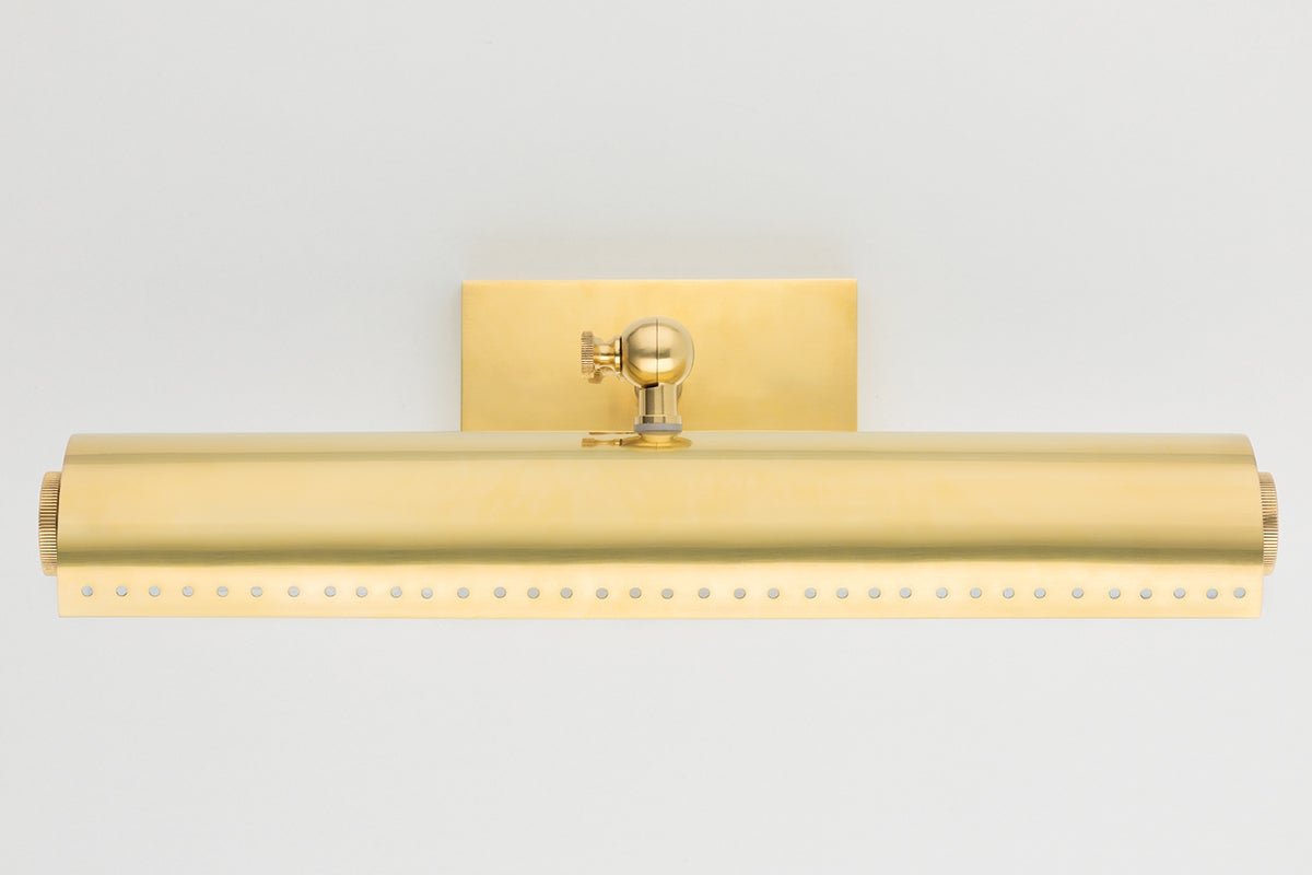 Weldon Picture Light in Aged Brass, Small White Cliff Studio Wall Lighting