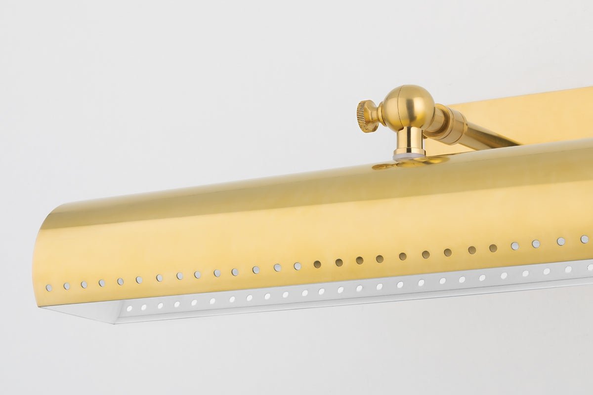 Weldon Picture Light in Aged Brass, Small White Cliff Studio Wall Lighting