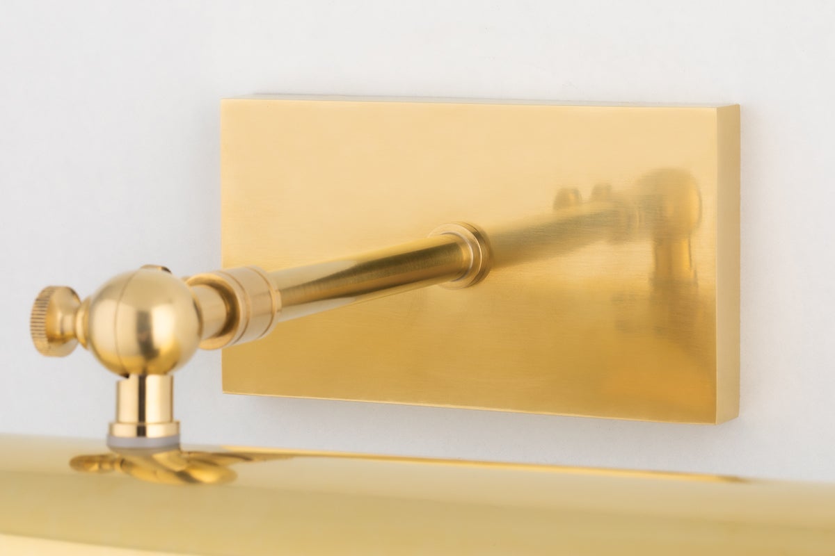 Weldon Picture Light in Aged Brass, Small White Cliff Studio Wall Lighting