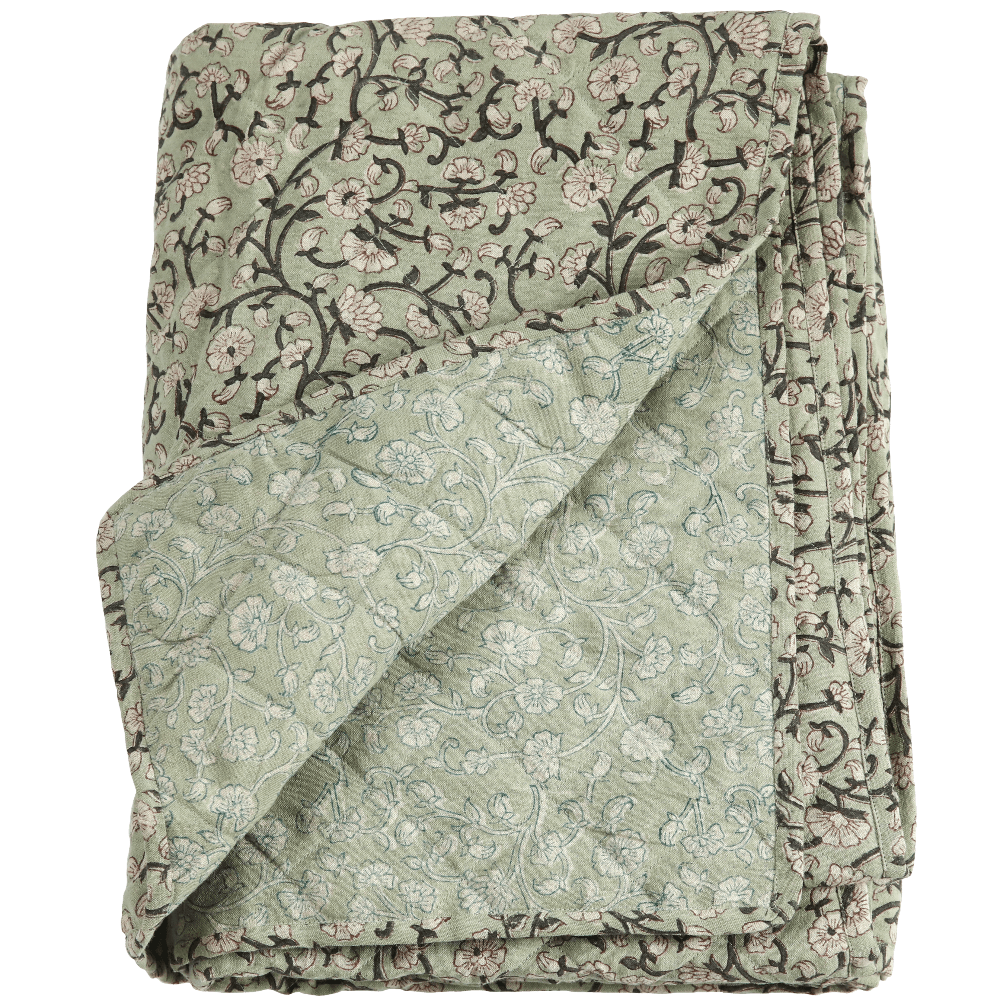 Keya Linen & Cotton Block Print Quilted Coverlet White Cliff Studio Quilts and Throws