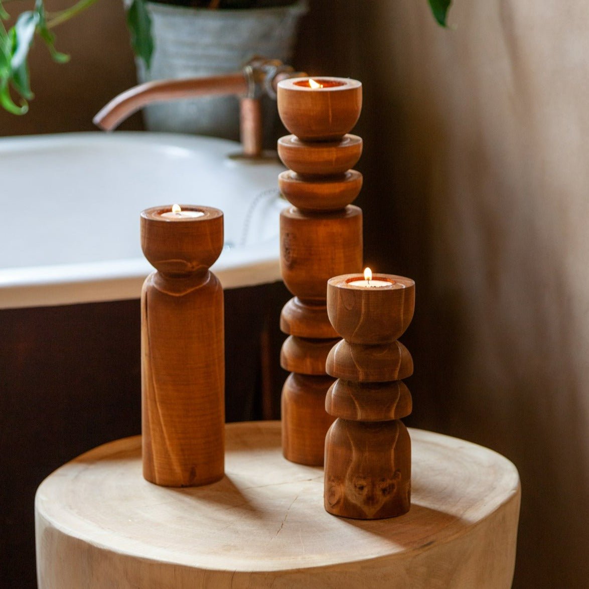 Abstract Wooden Tealight Totem Candle Holder White Cliff Studio Candles and Candle Accessories