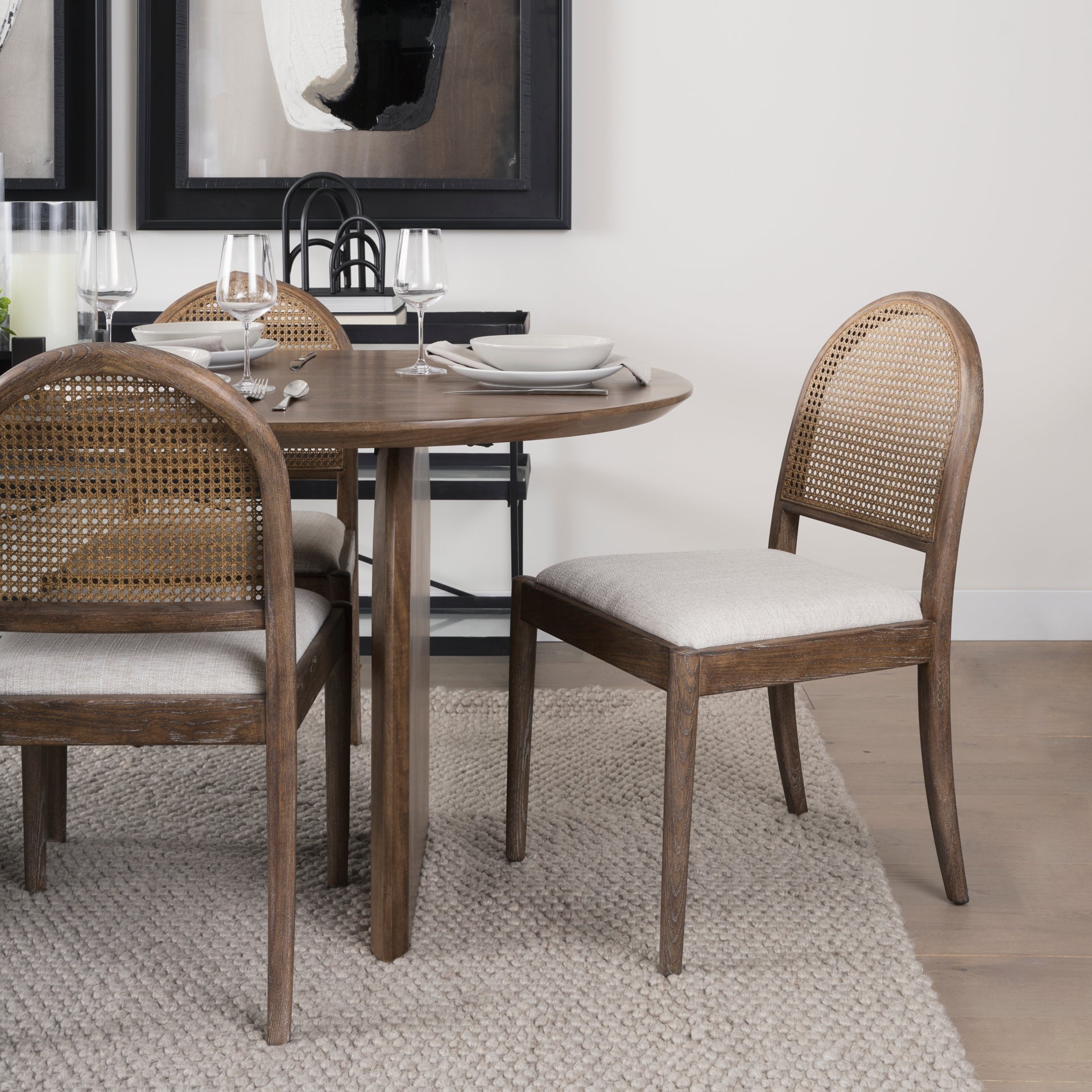 Belle Rounded Caneback Medium Brown Wood W/ Oatmeal Fabric Dining Chair