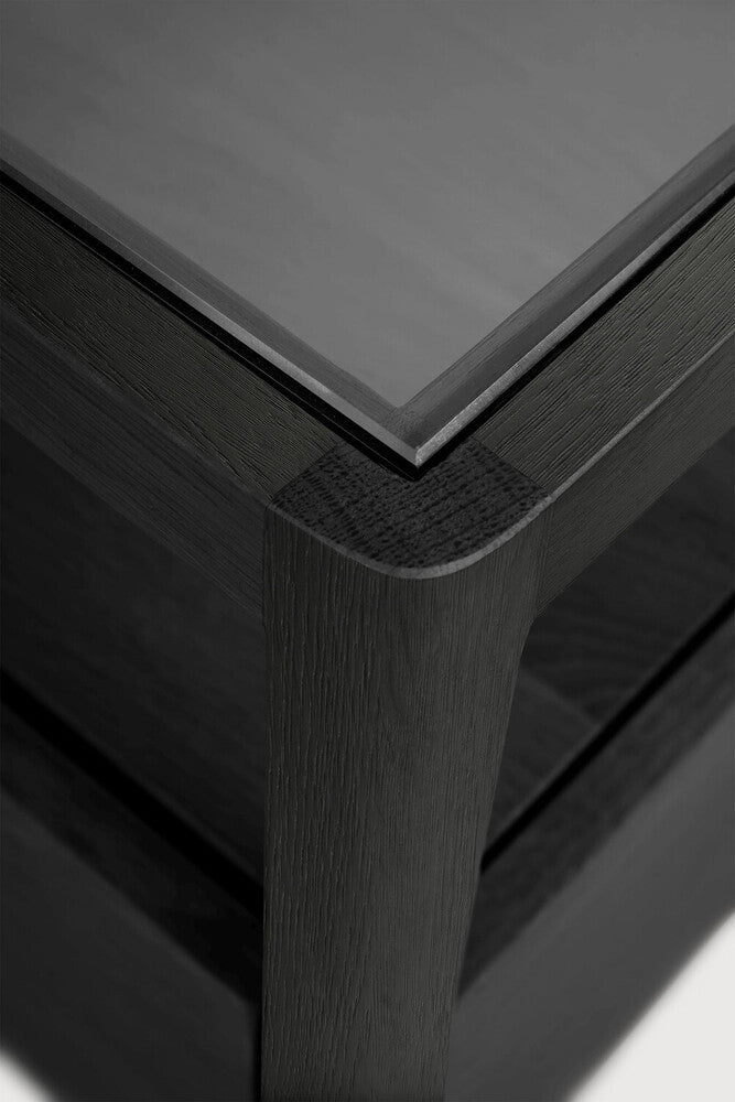 Spindle Black Oak & Glass Bedside Table / Nightstand