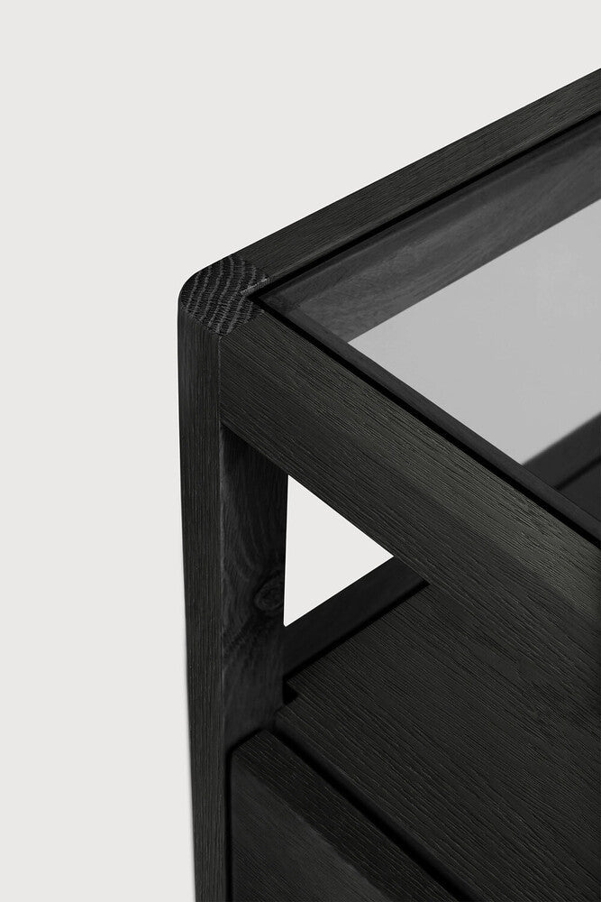 Spindle Black Oak & Glass Bedside Table / Nightstand