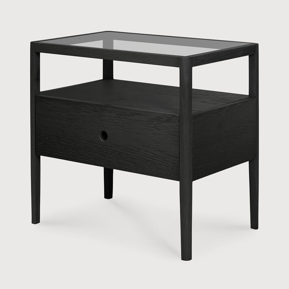 Spindle Black Oak & Glass Bedside Table / Nightstand