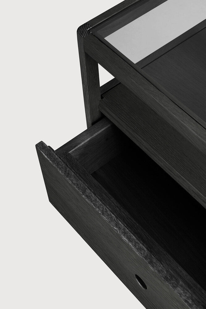 Spindle Black Oak & Glass Bedside Table / Nightstand