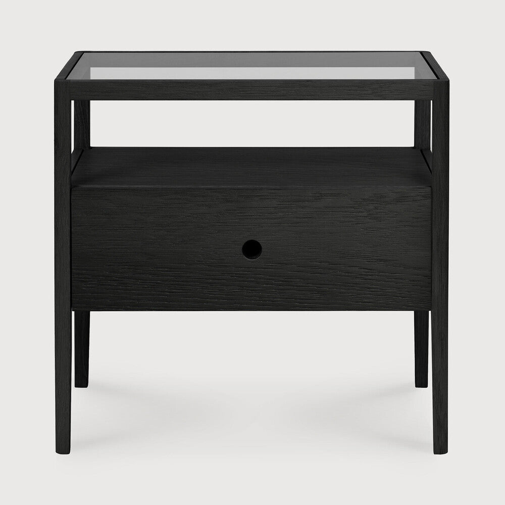 Spindle Black Oak & Glass Bedside Table / Nightstand