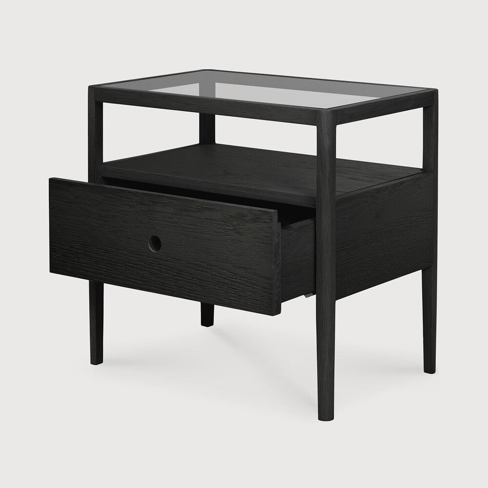 Spindle Black Oak & Glass Bedside Table / Nightstand