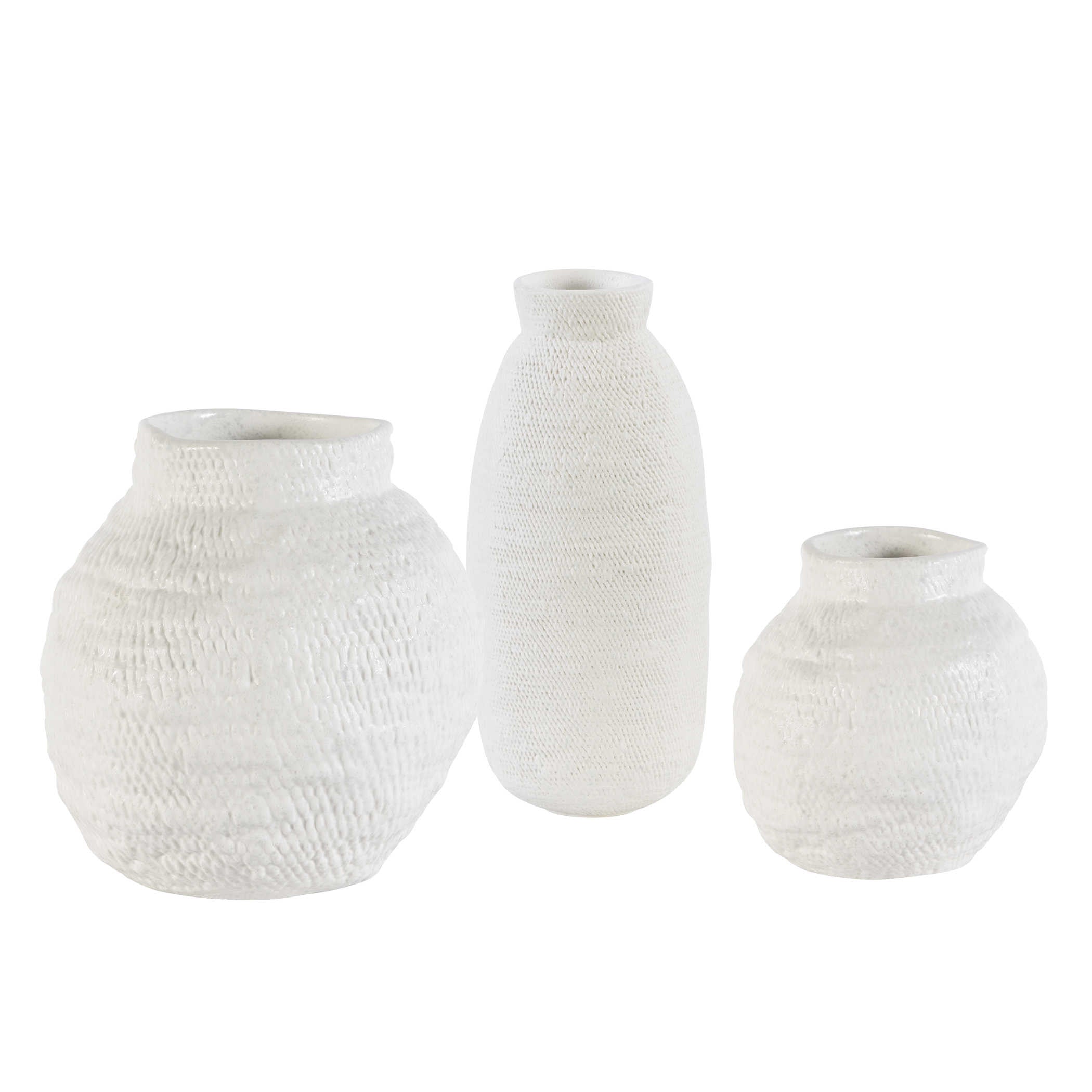 Mini Ceramic Woven Basket - Look Vases, Set of 3 White Cliff Studio Vases and Jars