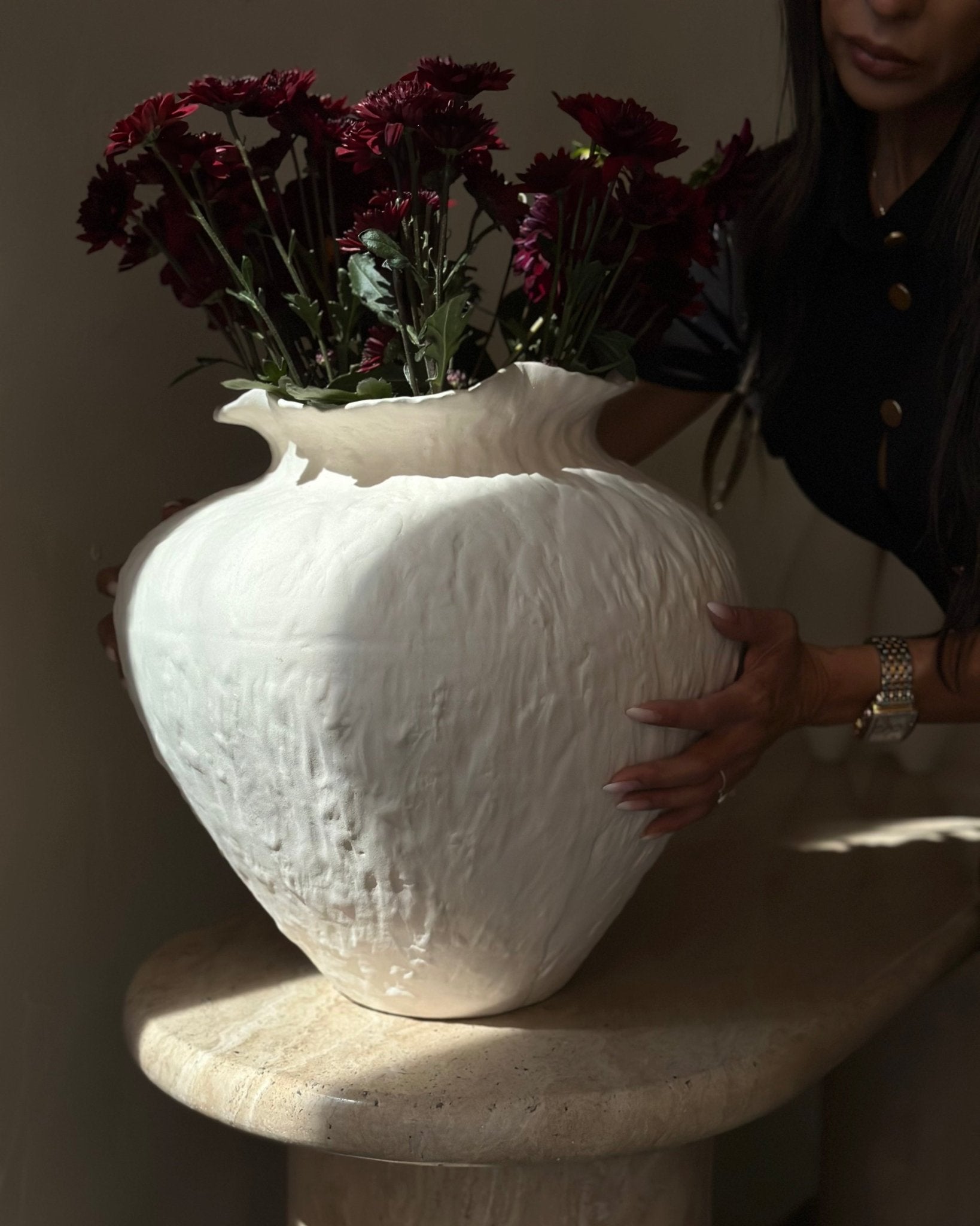 Sasha Textured Ceramic Vase - Ivory Cream 14.8" Home Decor