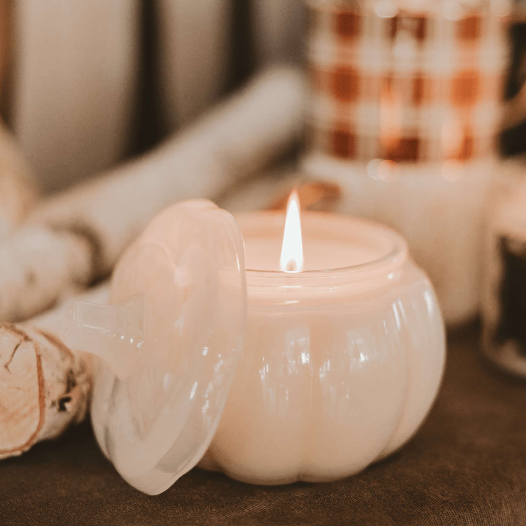 Warm and Cozy Soy Candle - White Translucent Glass Pumpkin Jar - 20 oz White Cliff Studio Candles and Candle Accessories