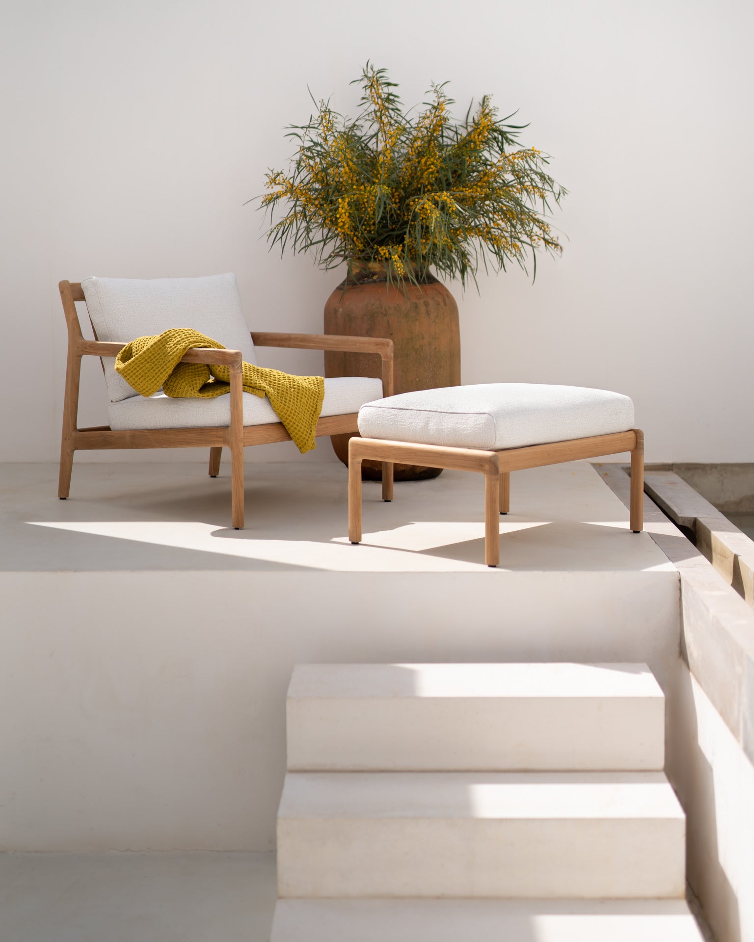 Jack Indoor / Outdoor Teak Footstool Ottoman, Off - White