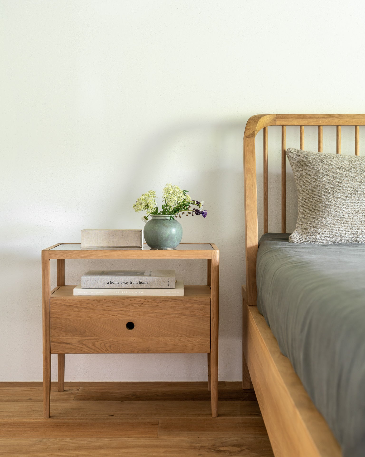 Spindle Oak & Glass Bedside Table / Nightstand