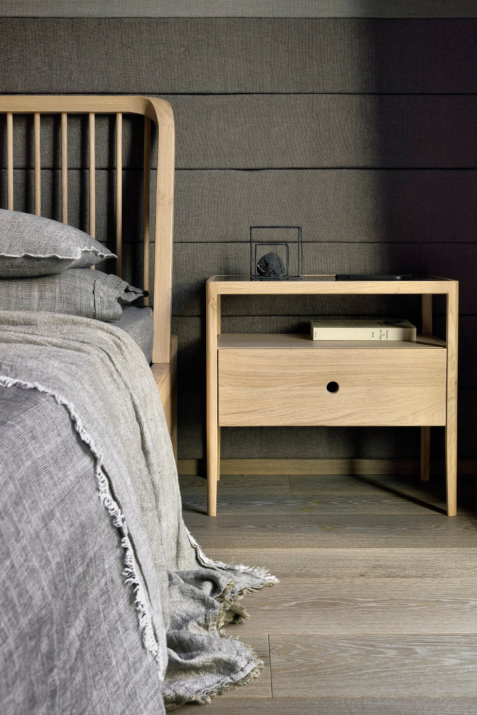 Spindle Oak & Glass Bedside Table / Nightstand