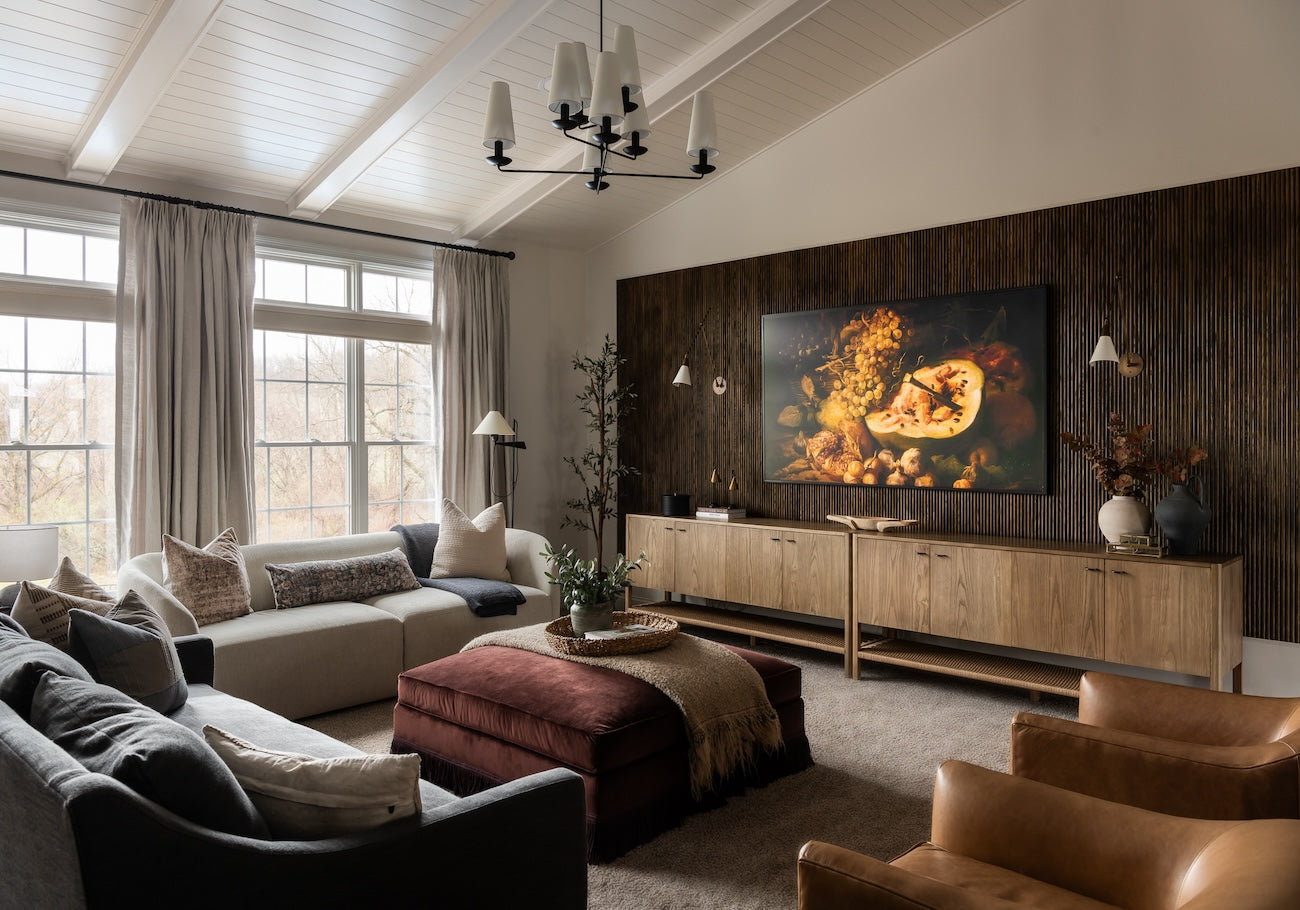 Transitional moody living room design textured and layered