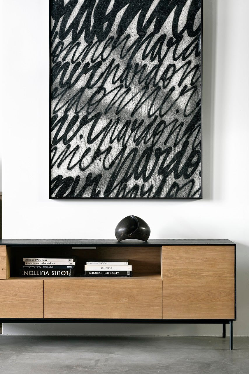 Blackbird TV cupboard - varnished oak - 1 door - 1 flip - down door - 2 drawers White Cliff Studio Media Console