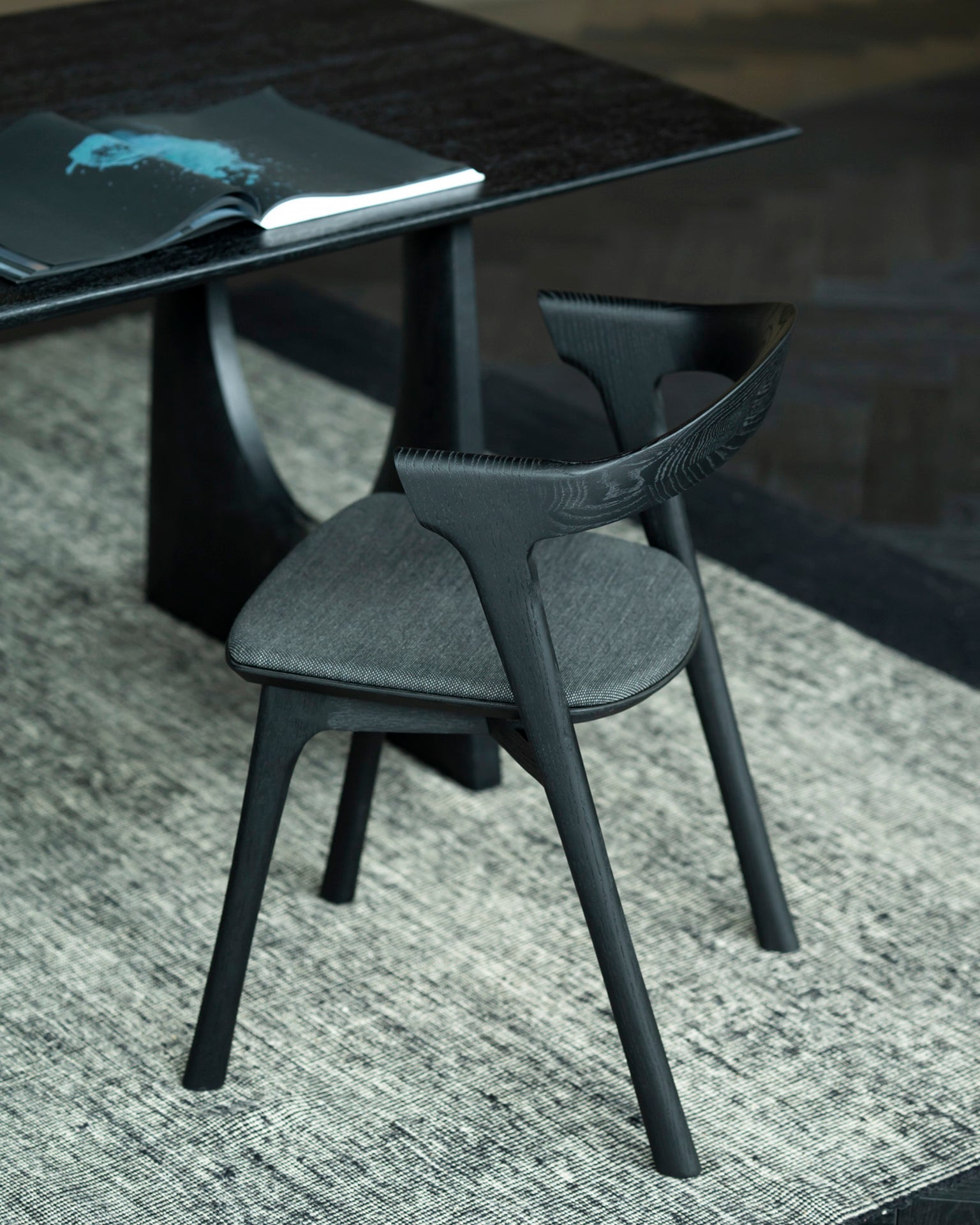 Bok dining chair - varnished oak - black - Soft Black fabric White Cliff Studio Dining Chair