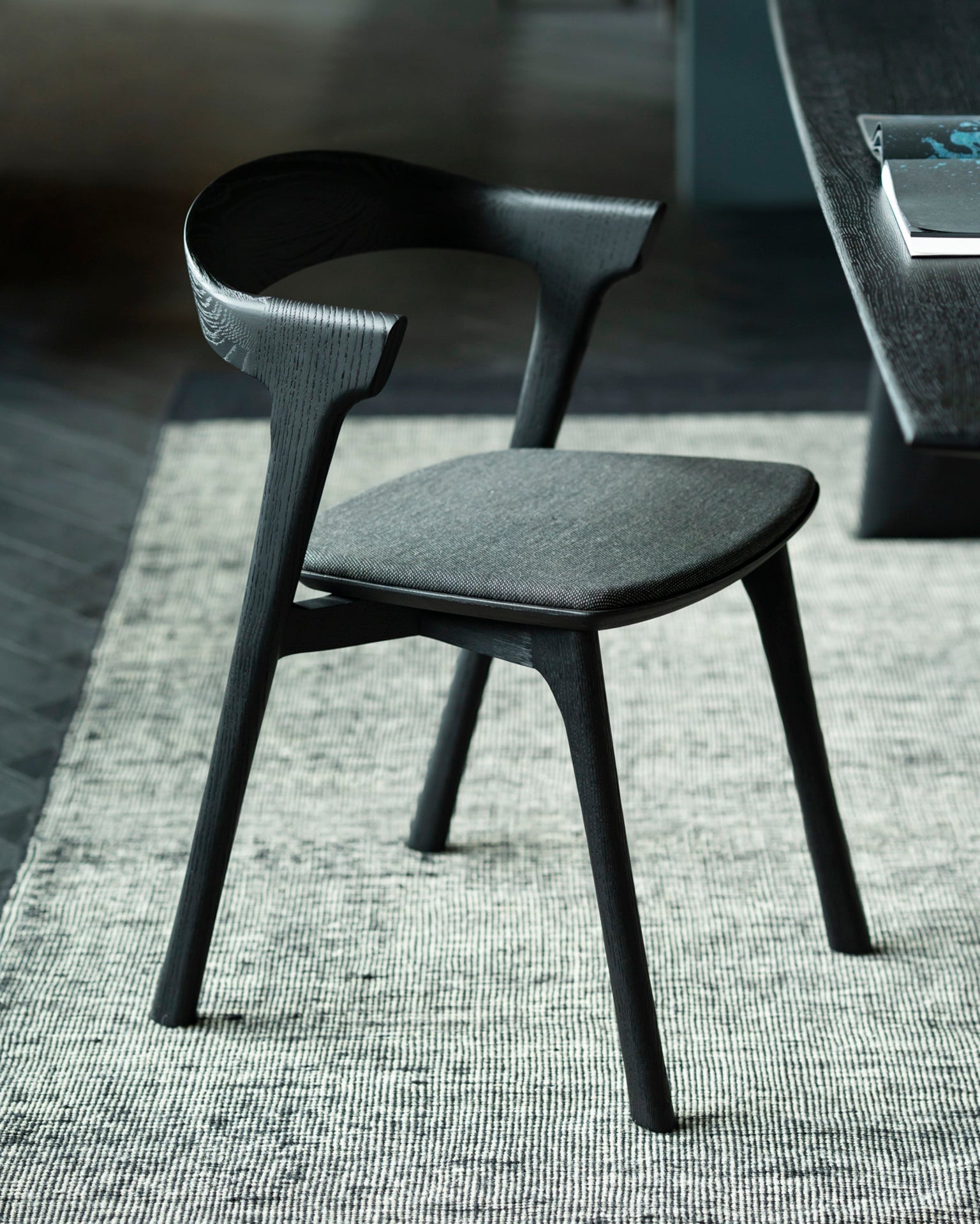 Bok dining chair - varnished oak - black - Soft Black fabric White Cliff Studio Dining Chair