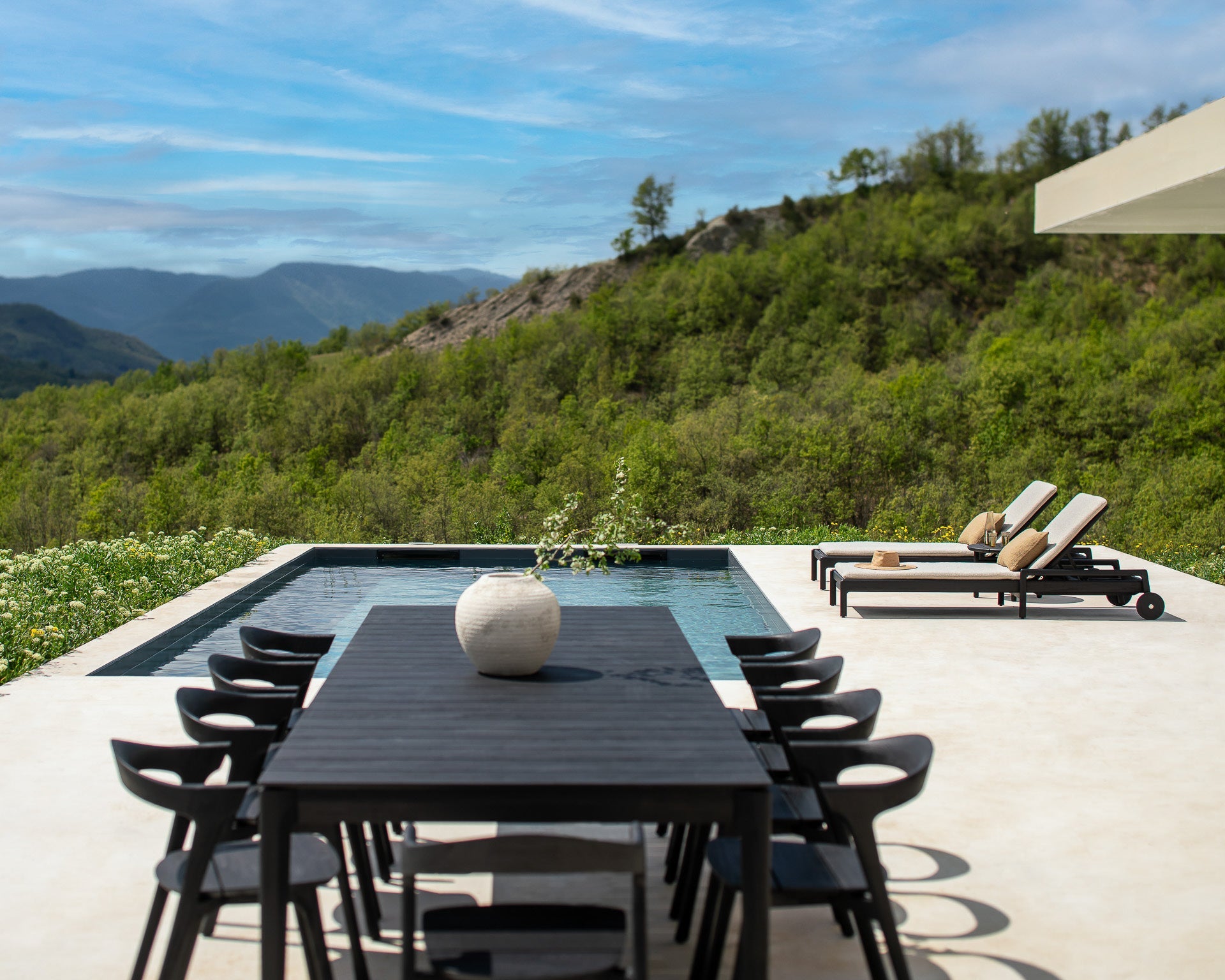 Bok outdoor dining table - varnished teak - black - rectangular White Cliff Studio Outdoor Dining Table