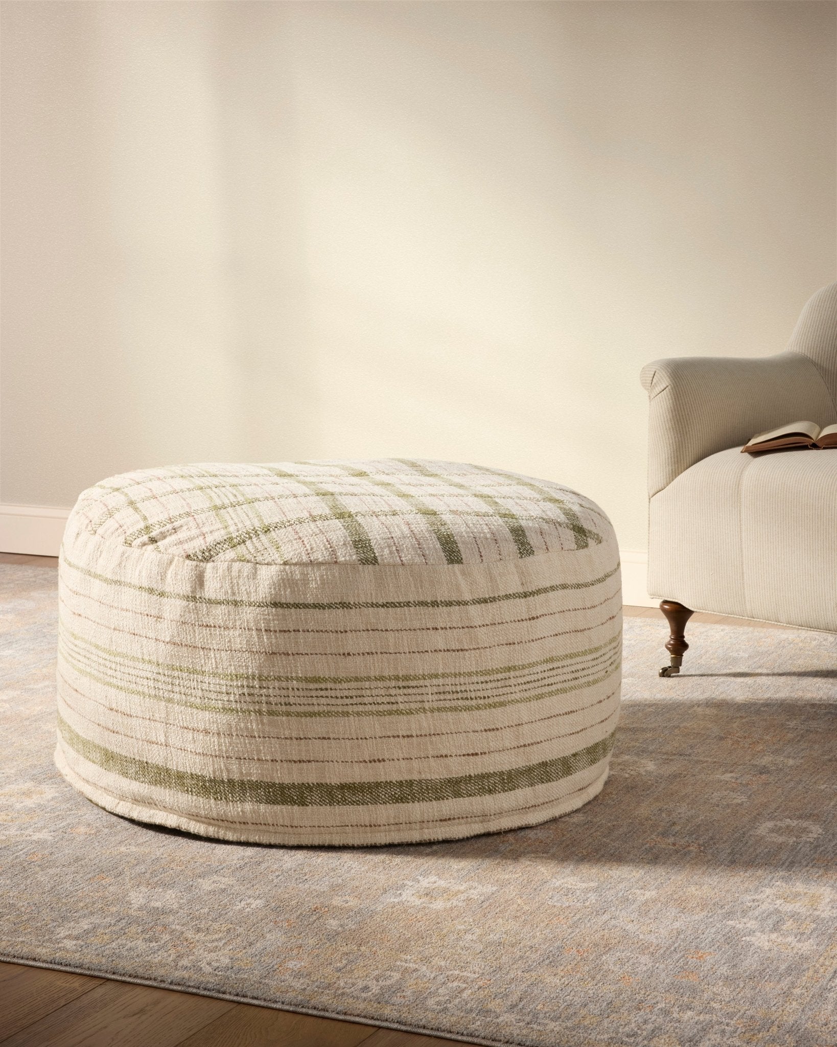 Chris Loves Julia x Loloi Wallace Cream 36"W x 36"D x 17"H Round Pouf White Cliff Studio Pouf