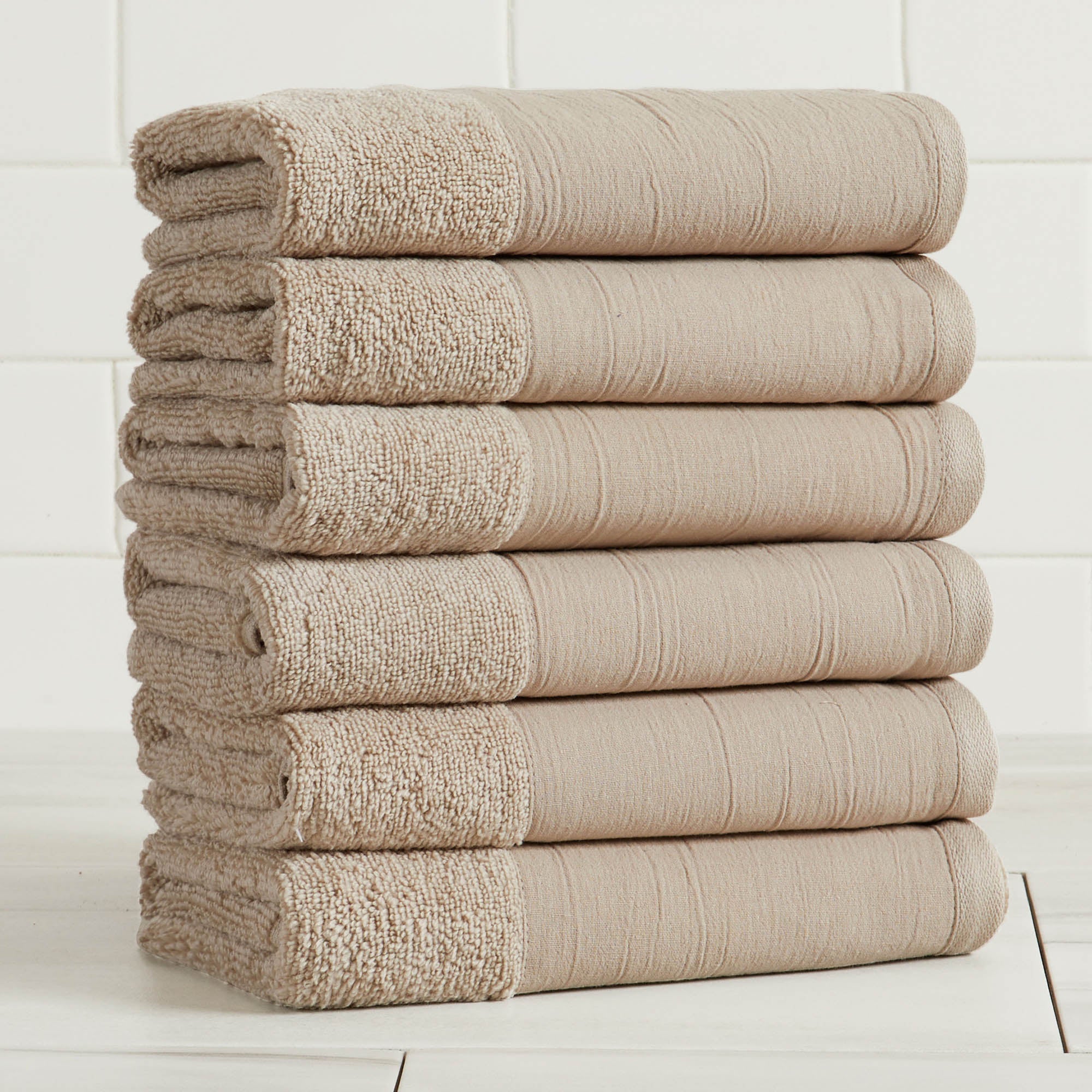 Cotton Linen-Like Border 6-Piece Towel Set - Priya Collection White Cliff Studio Towels