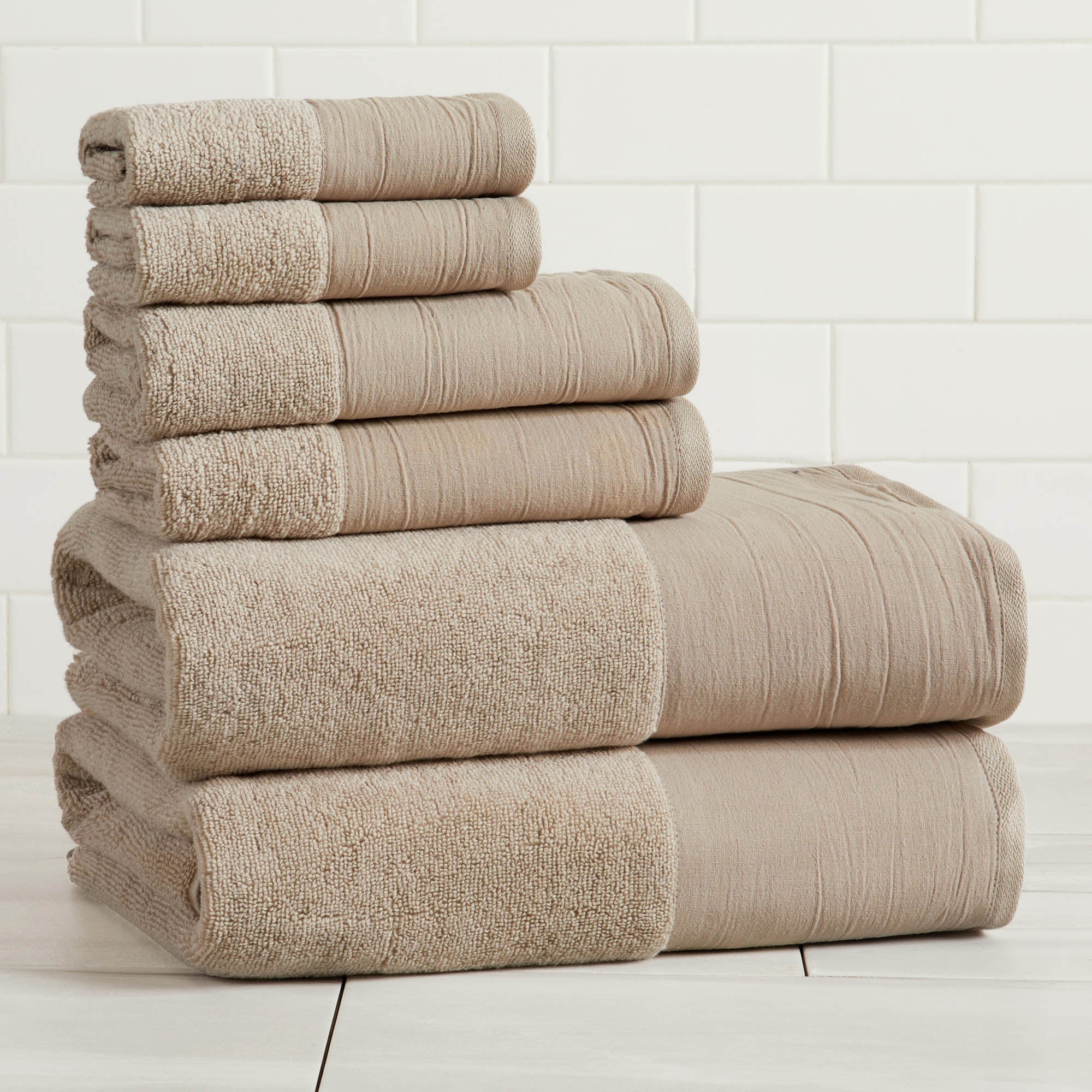 Cotton Linen-Like Border 6-Piece Towel Set - Priya Collection White Cliff Studio Towels