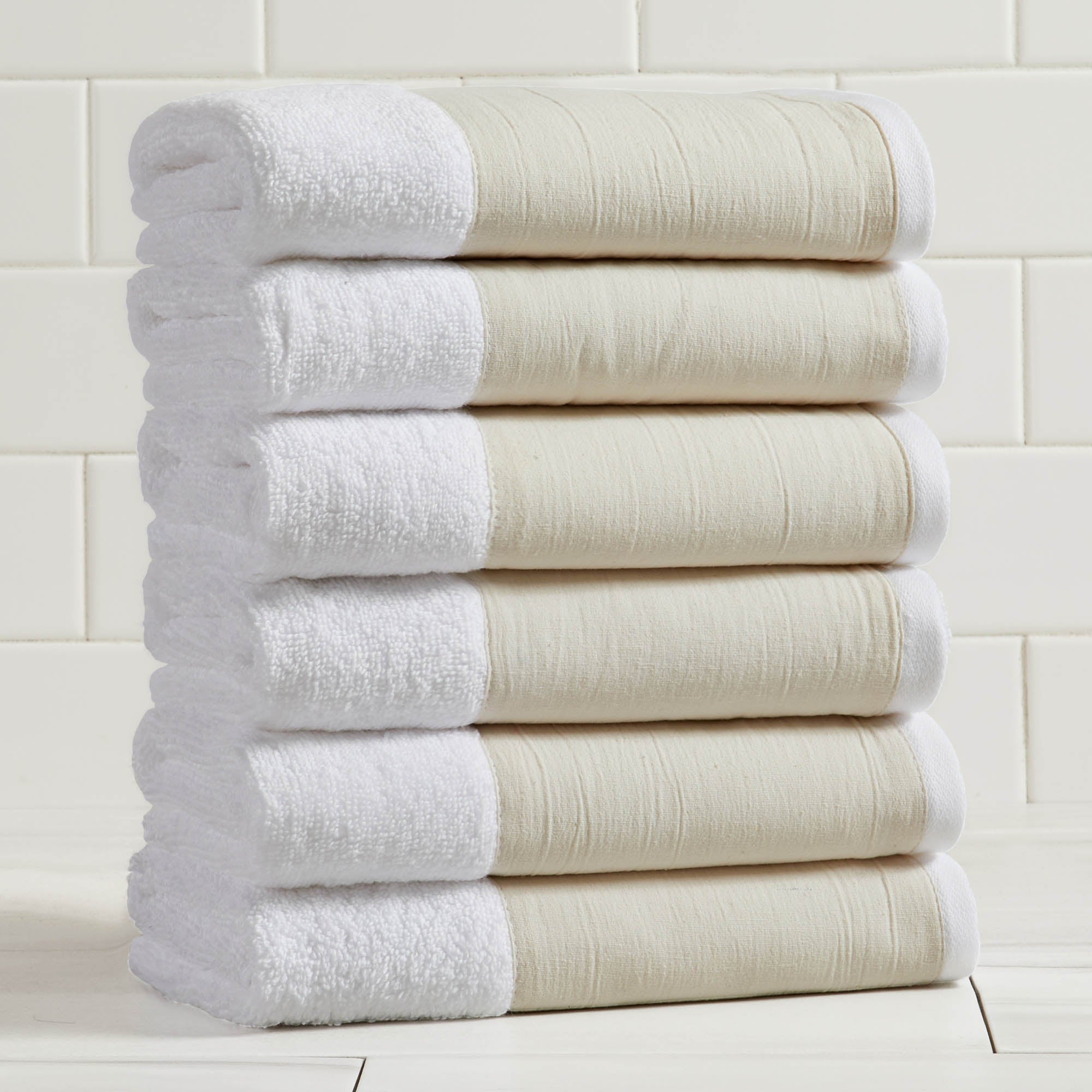 Cotton Linen-Like Border 6-Piece Towel Set - Priya Collection White Cliff Studio Towels