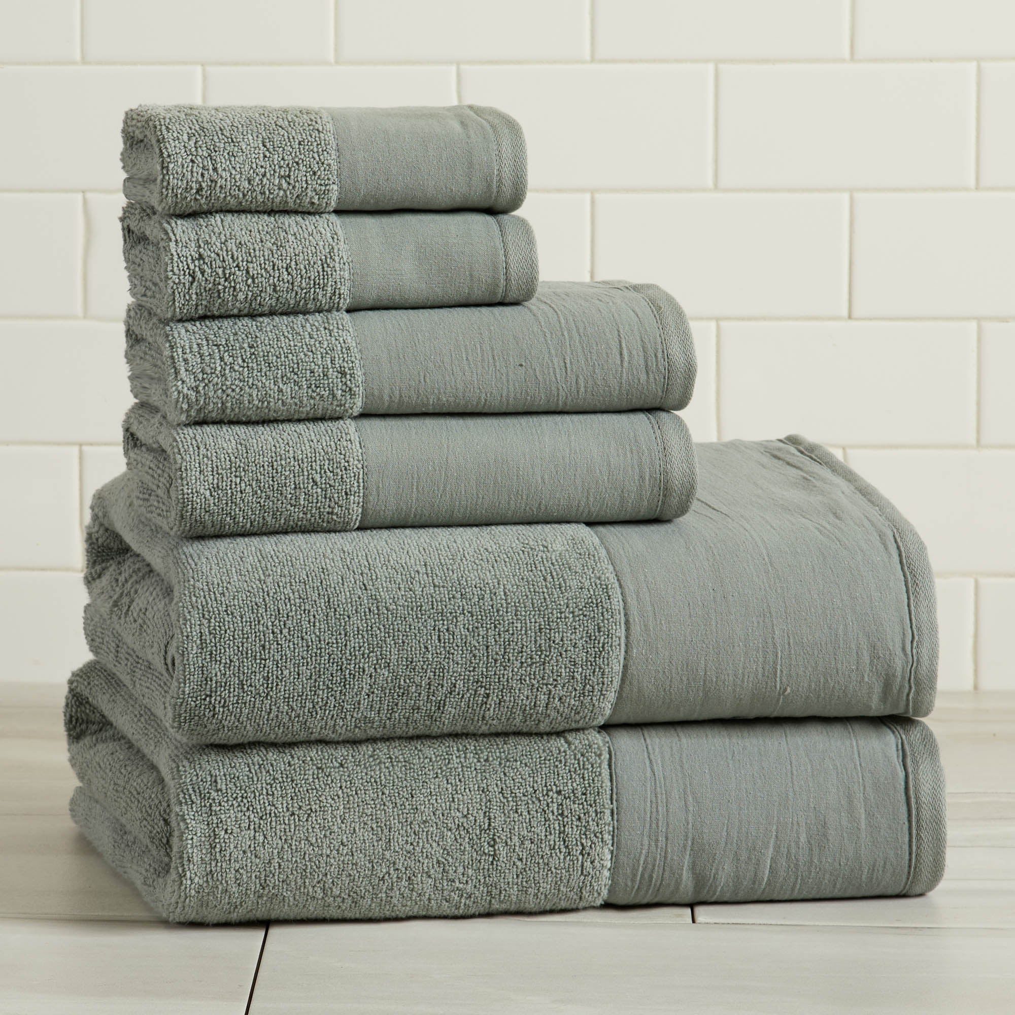 Cotton Linen-Like Border 6-Piece Towel Set - Priya Collection White Cliff Studio Towels