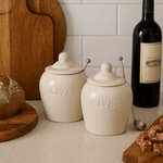 Debossed Stoneware Olive Jars with Slotted Spoon – Set of 2