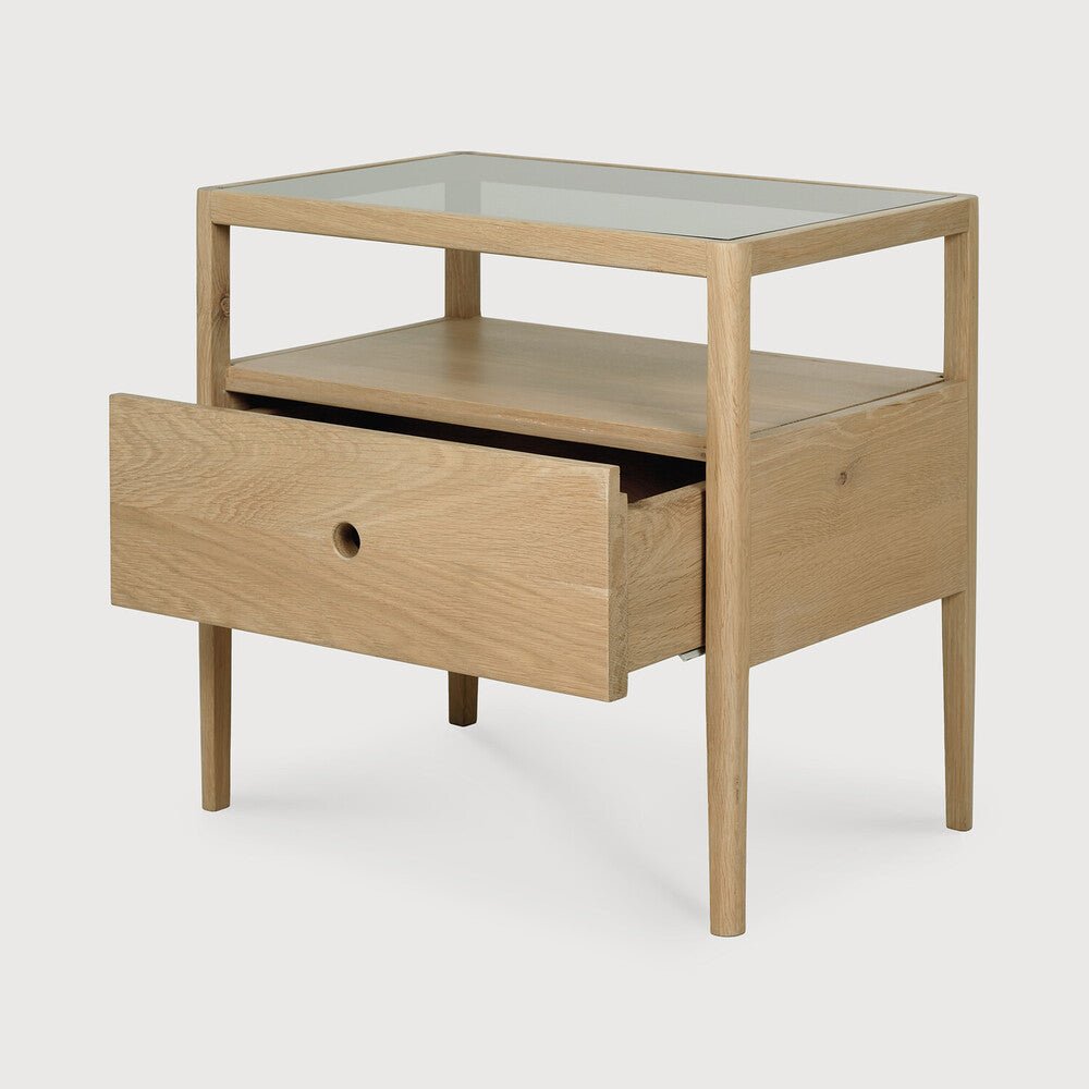 Spindle Oak & Glass Bedside Table / Nightstand