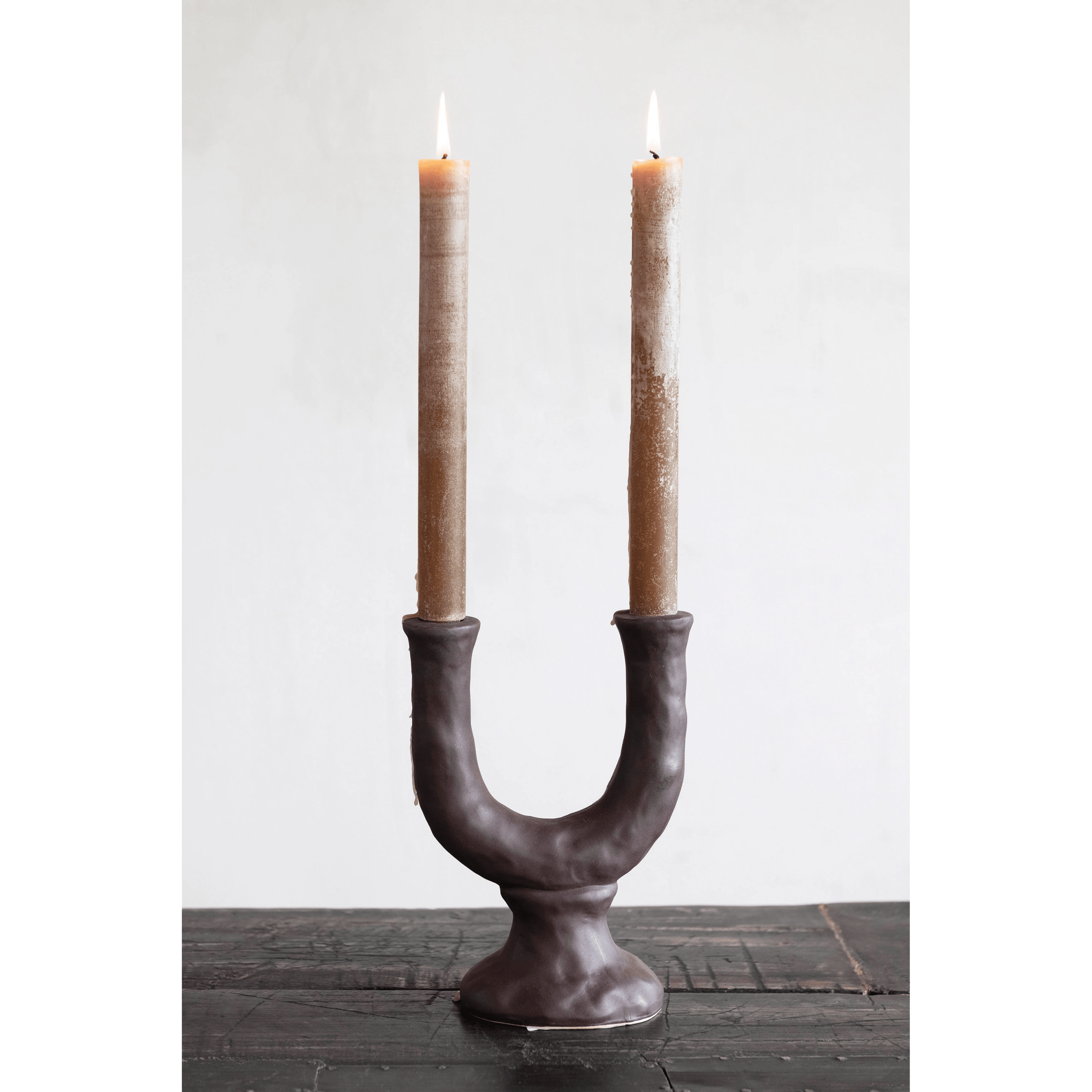 Stoneware Double Taper Candle Holder in Chocolate White Cliff Studio Candles and Candle Accessories