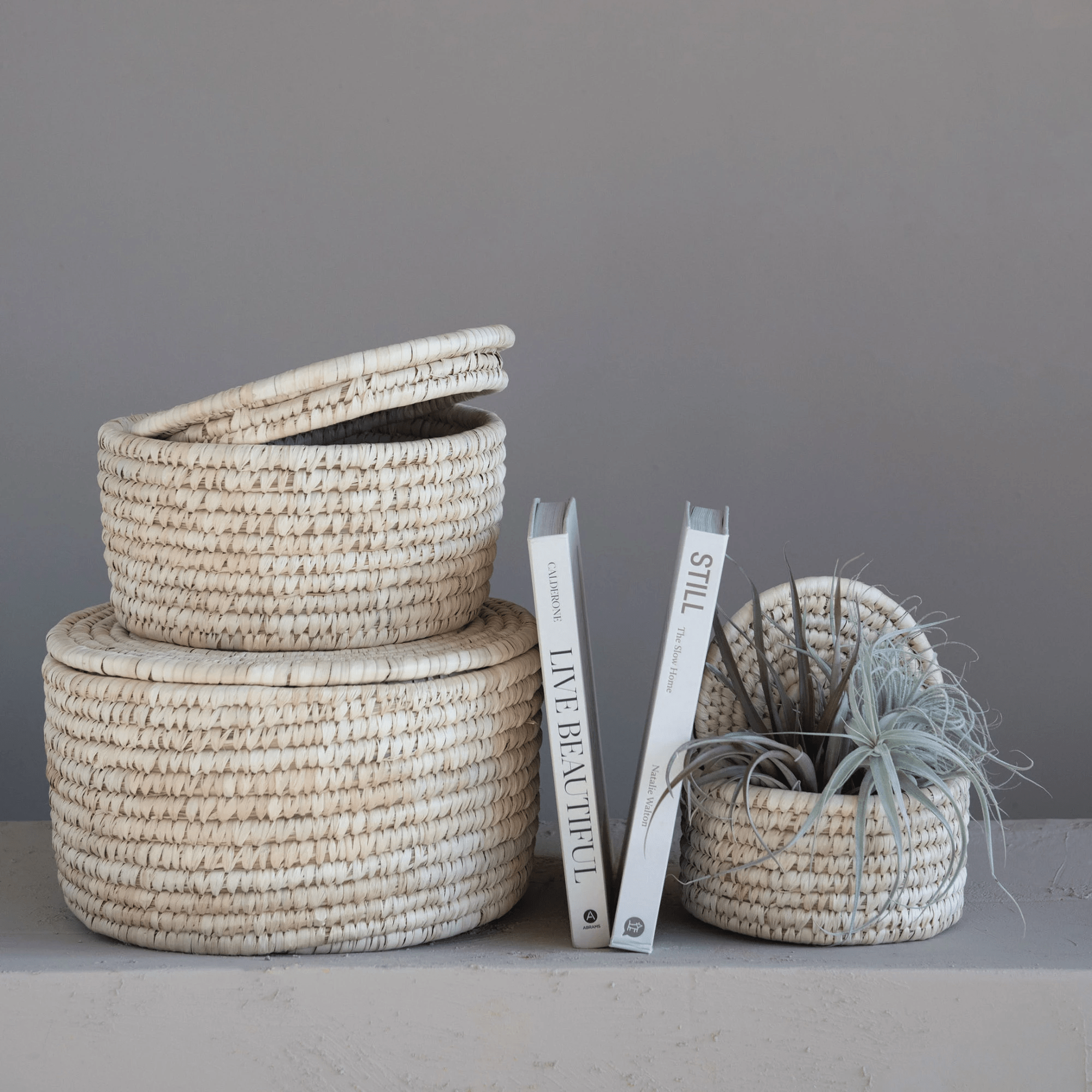 Hand - Woven Storage Baskets with Lids, Set of 3