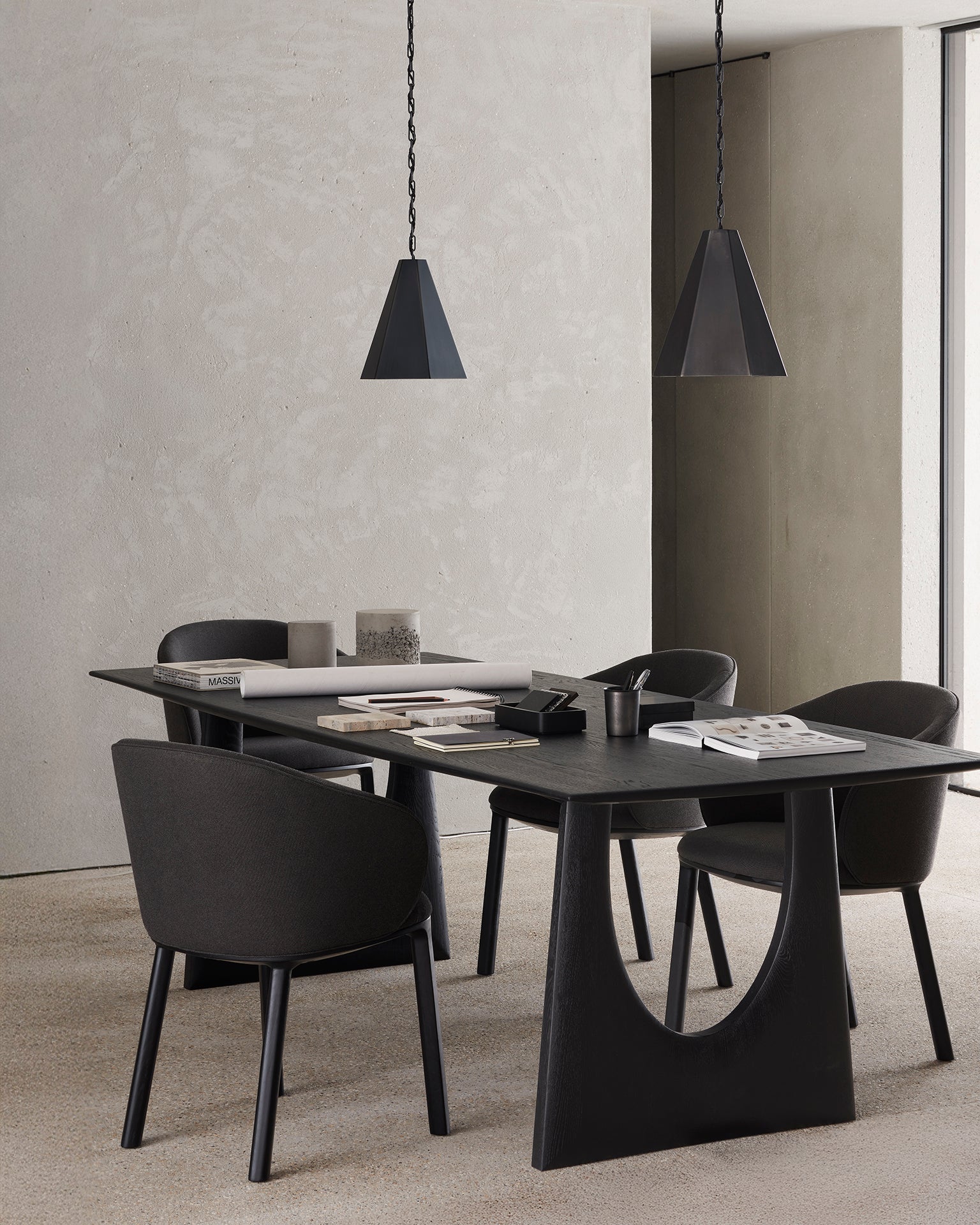 Geometric dining table - varnished oak - black - rectangular White Cliff Studio Dining Table