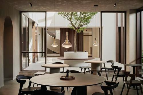 Geometric dining table - varnished teak - brown - round White Cliff Studio Dining Table