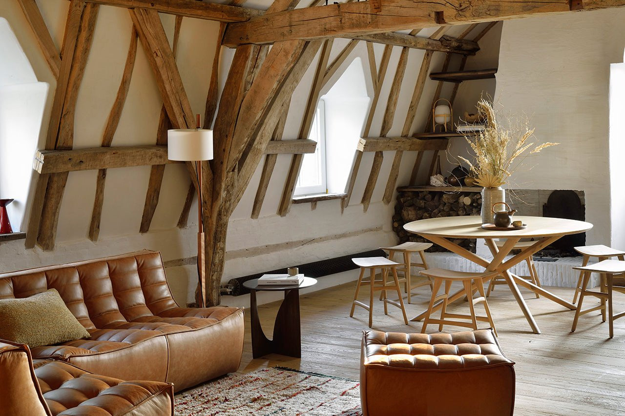 Geometric side table - varnished oak - black - round White Cliff Studio Side Table