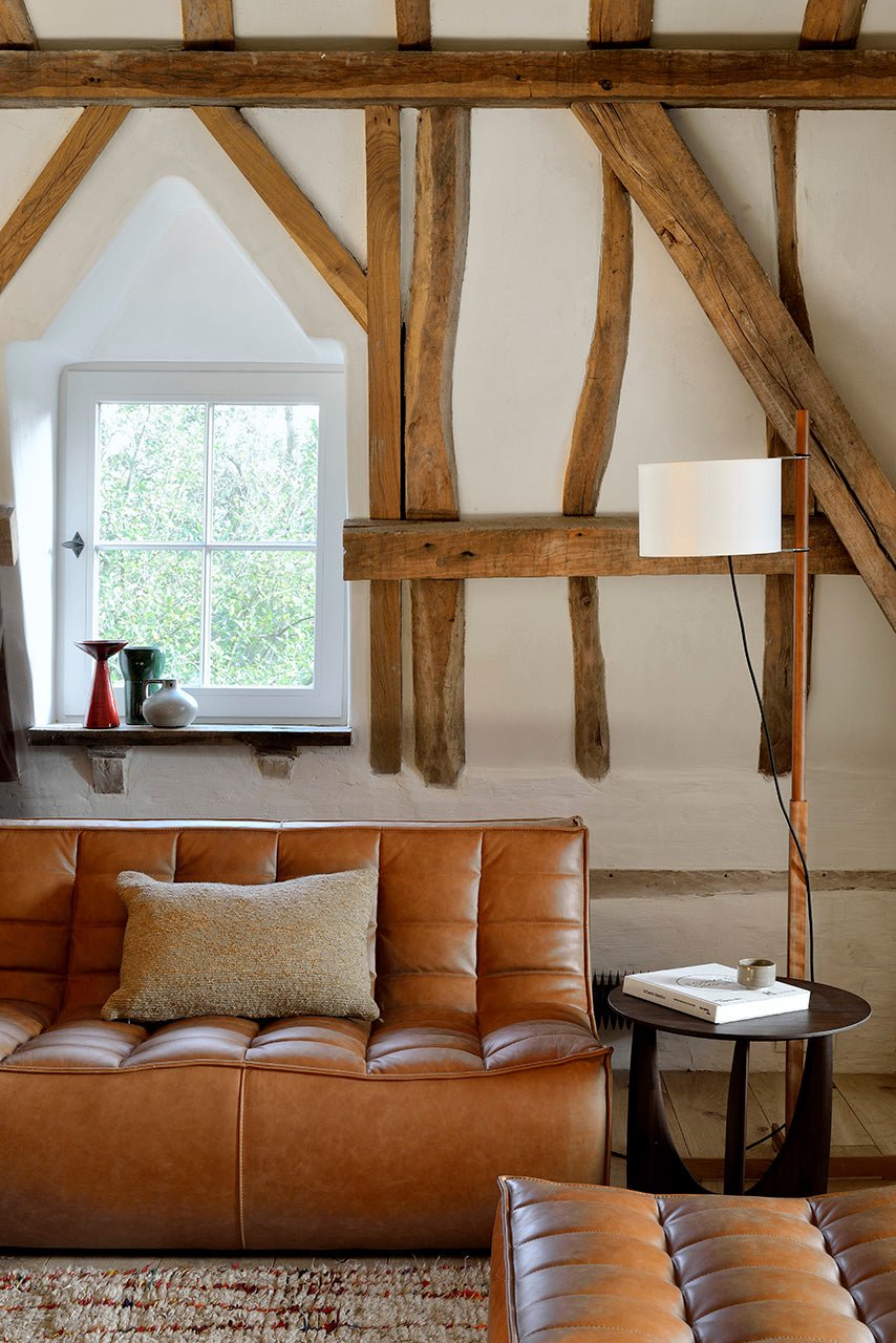 Geometric side table - varnished oak - black - round White Cliff Studio Side Table