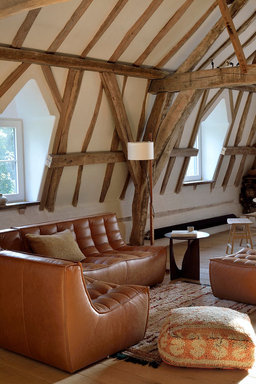 Geometric side table - varnished oak - black - round White Cliff Studio Side Table