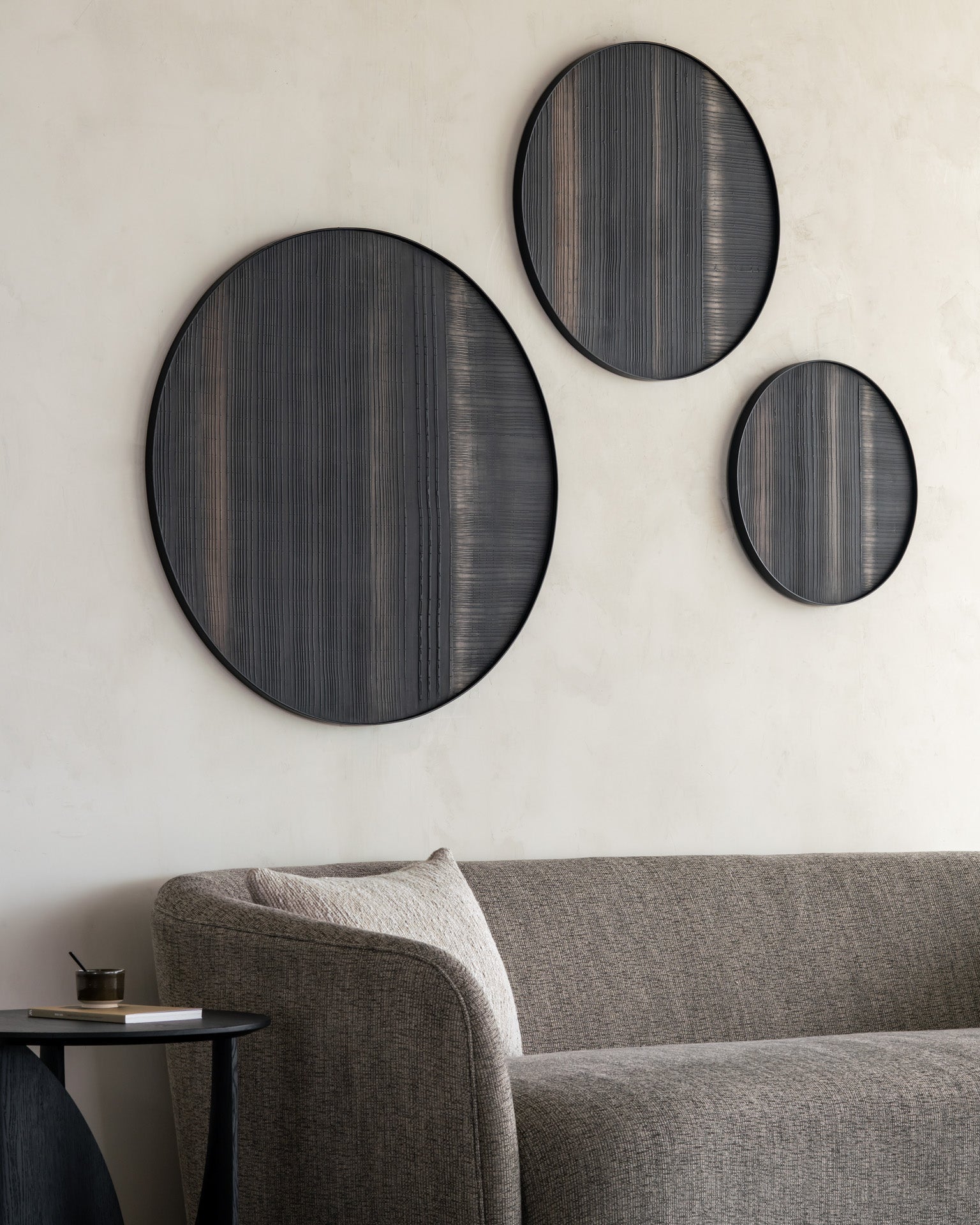 Geometric side table - varnished oak - black - round White Cliff Studio Side Table