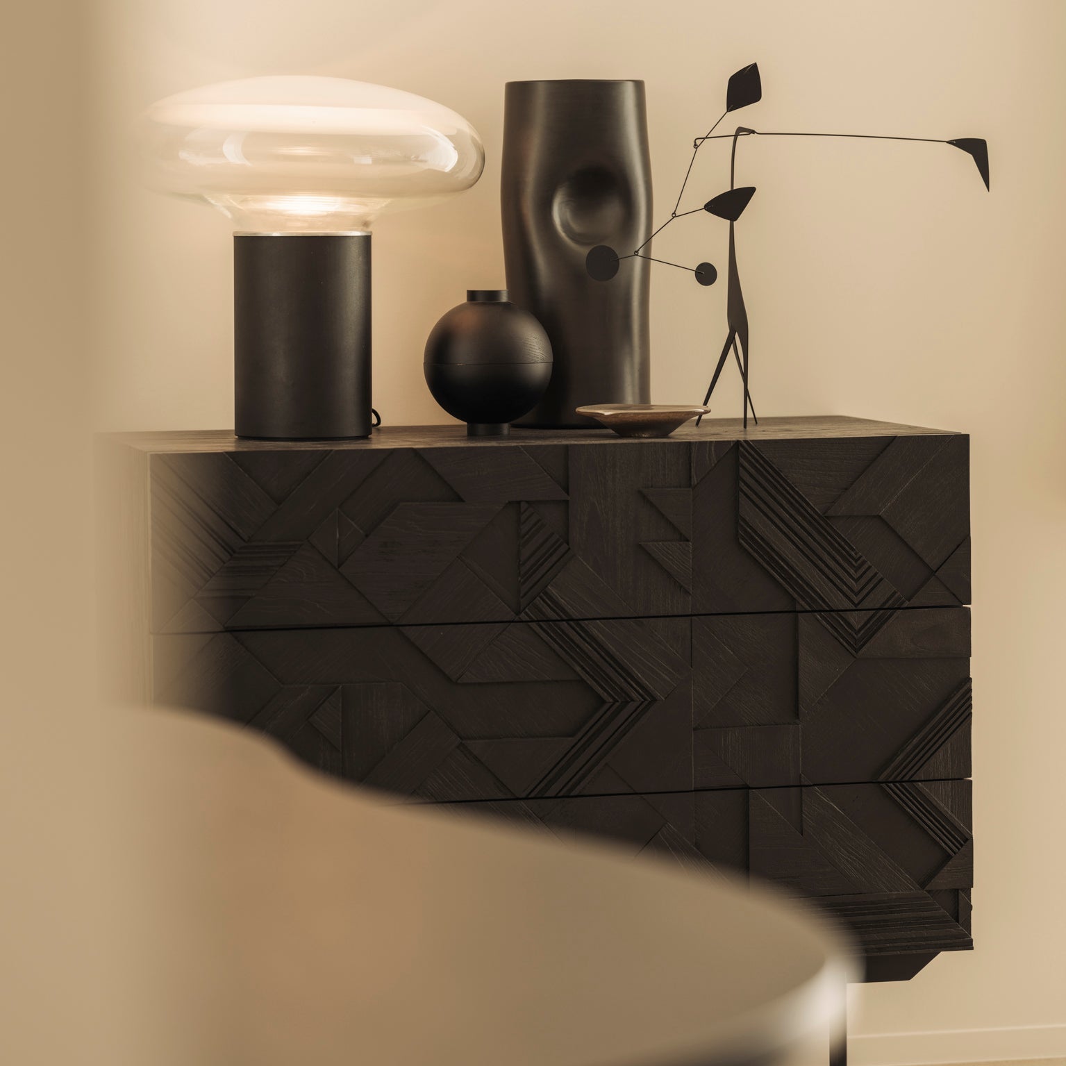 Graphic dresser - varnished teak - black - 3 drawers White Cliff Studio DRESSERS & CHEST OF DRAWERS