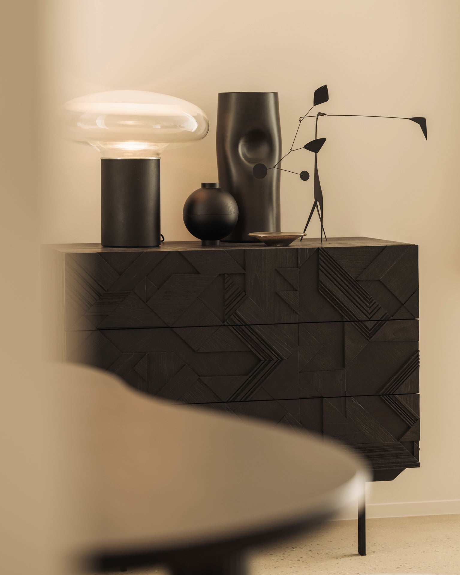 Graphic dresser - varnished teak - black - 3 drawers White Cliff Studio DRESSERS & CHEST OF DRAWERS