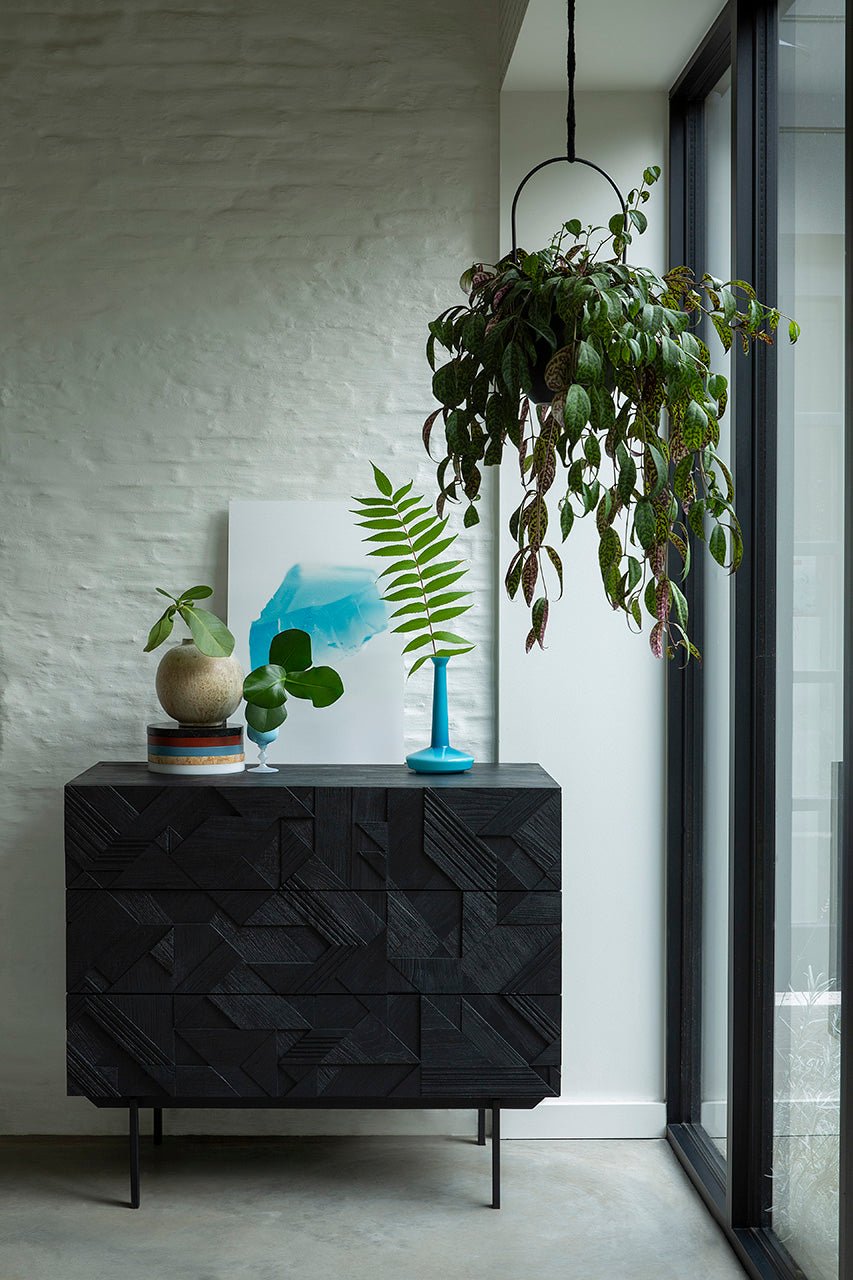 Graphic dresser - varnished teak - black - 3 drawers White Cliff Studio DRESSERS & CHEST OF DRAWERS