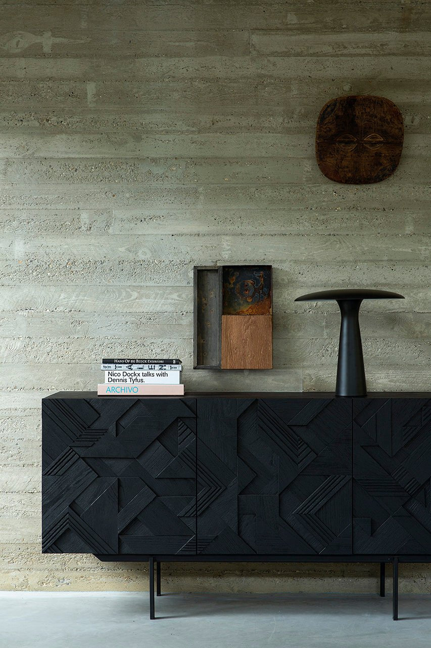 Graphic sideboard - varnished teak - black - 3 doors White Cliff Studio Sideboard