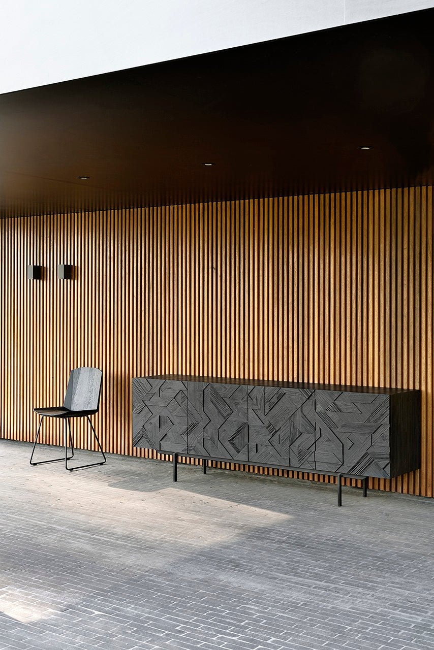 Graphic sideboard - varnished teak - black - 4 doors White Cliff Studio Sideboard