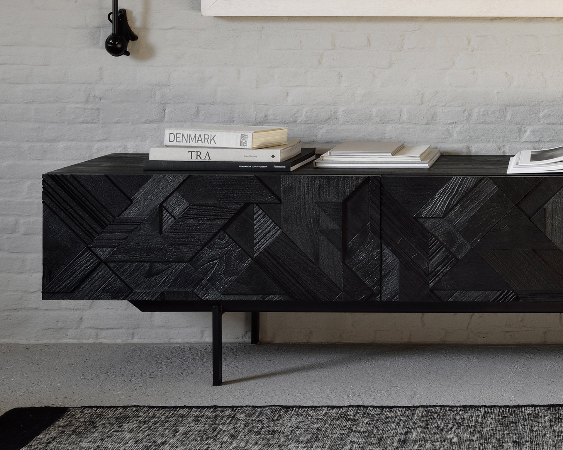 Graphic TV cupboard - varnished teak - black - 1 flip - down door - 2 drawers White Cliff Studio Media Console