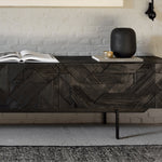 Graphic TV cupboard - varnished teak - black - 1 flip - down door - 2 drawers White Cliff Studio Media Console