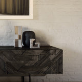 Graphic TV cupboard - varnished teak - black - 1 flip - down door - 2 drawers White Cliff Studio Media Console