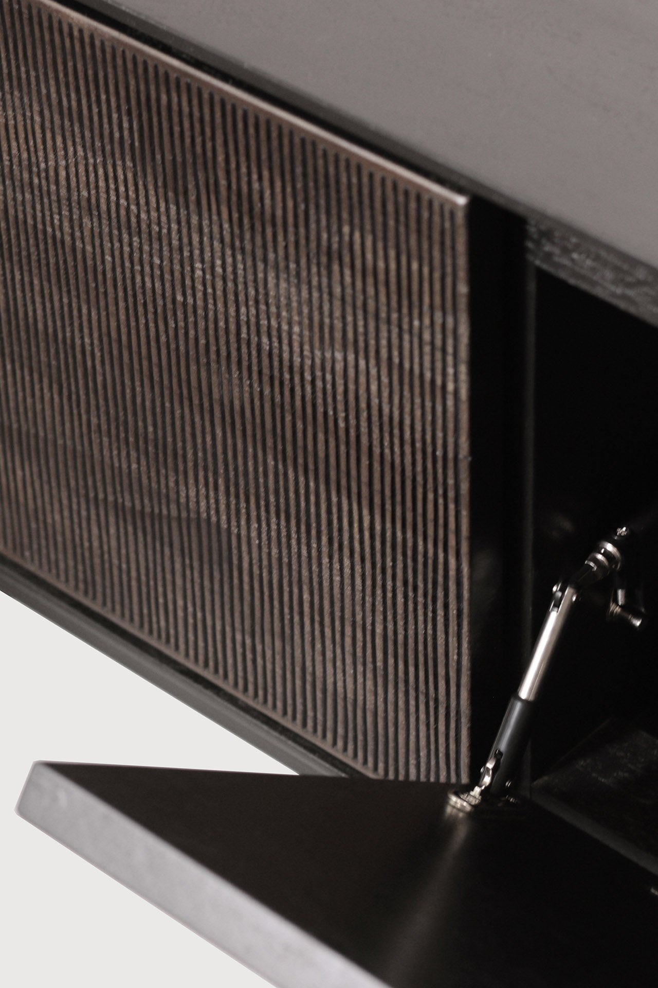 Grooves TV cupboard - varnished teak - off black - 1 flip - down door - 1 drawer White Cliff Studio Media Console