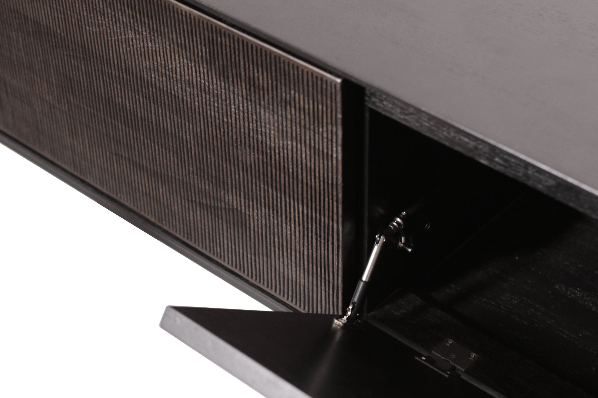 Grooves TV cupboard - varnished teak - off black - 1 flip - down door - 1 drawer White Cliff Studio Media Console