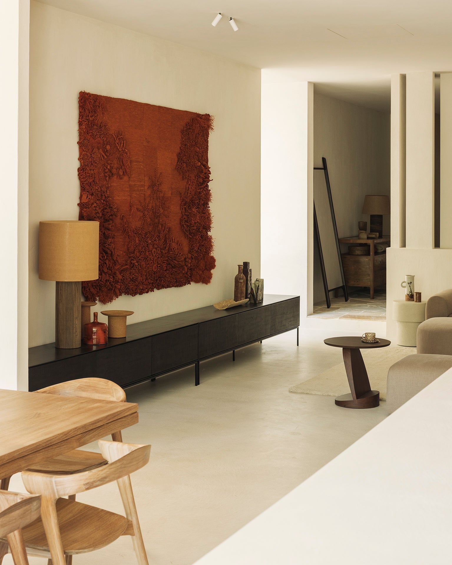 Grooves TV cupboard - varnished teak - off black - 1 flip - down door - 1 drawer White Cliff Studio Media Console